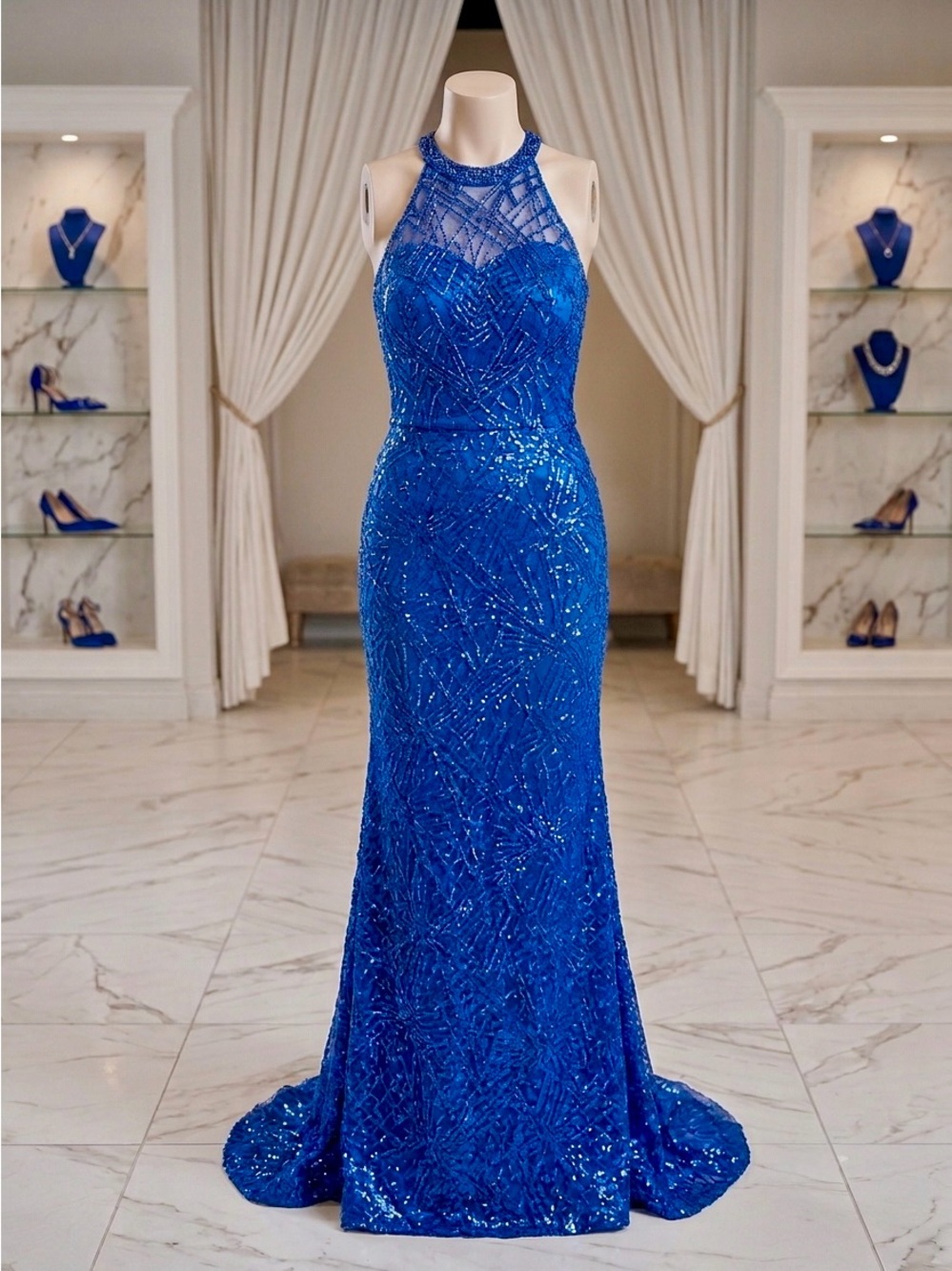 Royal Blue Beaded Halter Evening Gown